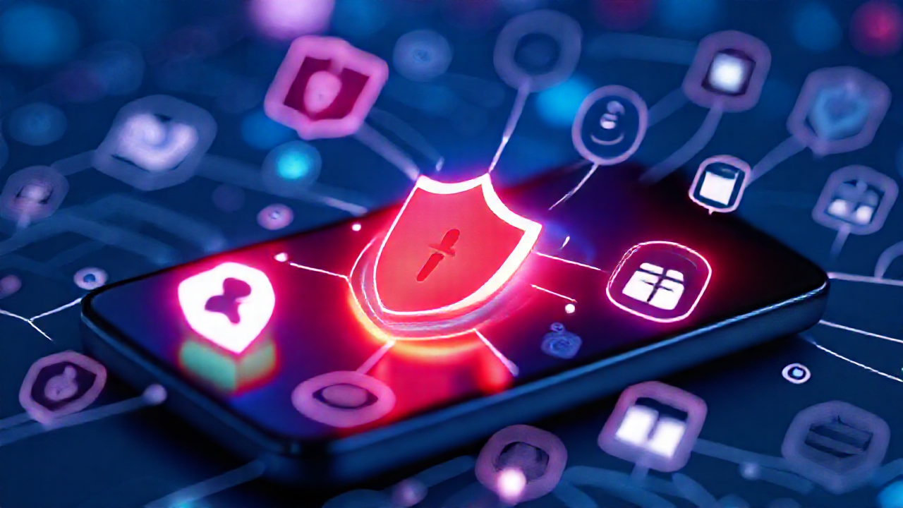 Imagem de um smartphone com aplicativos de antivírus em destaque, representando proteção digital.