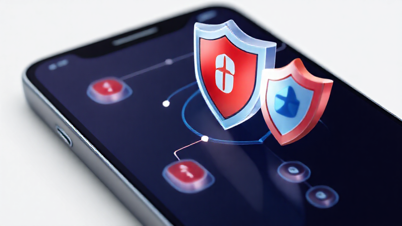 Imagem de um smartphone com aplicativos de segurança instalados, mostrando proteção contra vírus e malware.