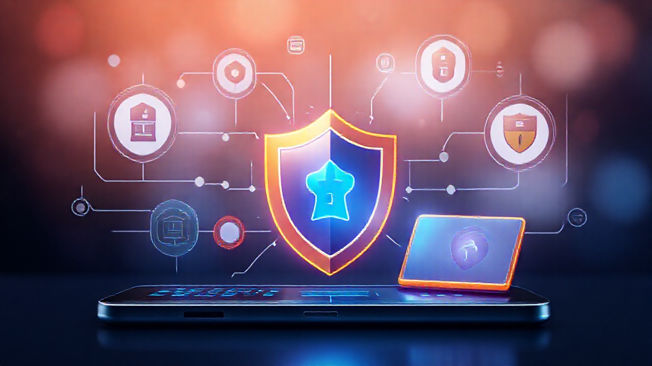 Ilustração de um smartphone protegido contra vírus e malware.