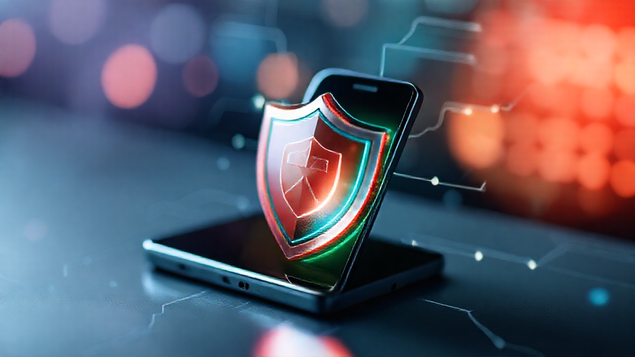 Imagem de um smartphone com ícones de antivírus e proteção digital.