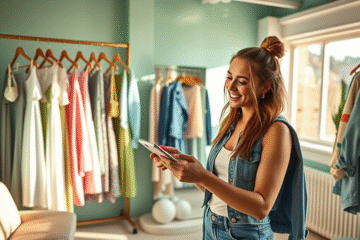 Mulher sorrindo enquanto experimenta roupas da SHEIN recebidas gratuitamente.